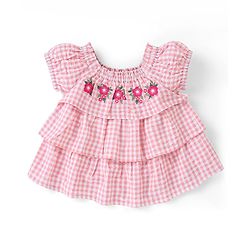 Babyhug 100% Cotton Half Sleeves Checked Top & Jeans Set Floral Embroidery- Pink & Blue