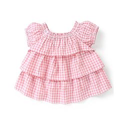 Babyhug 100% Cotton Half Sleeves Checked Top & Jeans Set Floral Embroidery- Pink & Blue