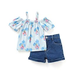 Babyhug 100% Cotton Cold Shoulder Sleeves Top & Shorts Set Floral Print- Blue & White