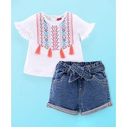 Babyhug 100% Cotton Knit Half Sleeves Top & Denim Shorts Set Argyle Embroidery - Blue & White