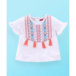 Babyhug 100% Cotton Knit Half Sleeves Top & Denim Shorts Set Argyle Embroidery - Blue & White