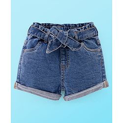Babyhug 100% Cotton Knit Half Sleeves Top & Denim Shorts Set Argyle Embroidery - Blue & White