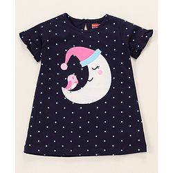 Babyhug Cotton Knit Half Sleeves Night Gown with Star Print - Navy Blue