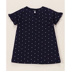 Babyhug Cotton Knit Half Sleeves Night Gown with Star Print - Navy Blue