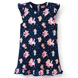 Babyhug Cotton Flutter Sleeves Nighty Fairy & Unicorn  Print - Navy Blue