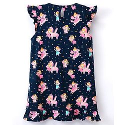 Babyhug Cotton Flutter Sleeves Nighty Fairy & Unicorn  Print - Navy Blue