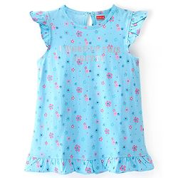 Babyhug Cotton Knit Half Sleeves Nighty Floral Print - Blue