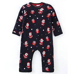 Babyhug 100% Cotton Full Sleeves Winter Wear Romper With Santa Claus Print - Navy Blue & Red