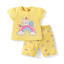 Babyhug Cotton Half Sleeves Capri Night Suit Kitty & Rainbow Print- Yellow