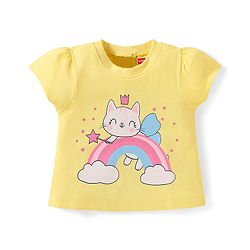 Babyhug Cotton Half Sleeves Capri Night Suit Kitty & Rainbow Print- Yellow