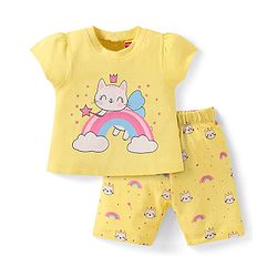 Babyhug Cotton Half Sleeves Capri Night Suit Kitty & Rainbow Print- Yellow
