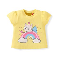 Babyhug Cotton Half Sleeves Capri Night Suit Kitty & Rainbow Print- Yellow