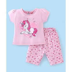 Babyhug Cotton Half Sleeves Capri Nightwear Set Unicorn Print - Pink
