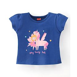 Babyhug Cotton Knit Half Sleeves Capri Night Suit Unicorn Print - Navy Blue