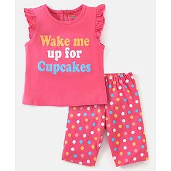 Babyhug Cotton Knit Cap Sleeves Capri Night Suit Text & Polka Dots Print - Pink