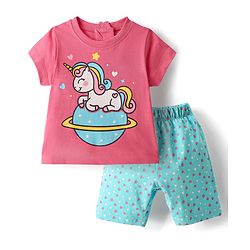 Babyhug Cotton Half Sleeves Capri Night Suit Hearts & Unicorn Print- Blue & Pink