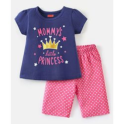 Babyhug Cotton Knit Half Sleeves Night Suit Mommys Princess Print - Navy Blue & Pink