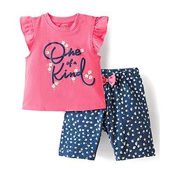 Babyhug Cotton Knit Frill Sleeves Night Suit Floral Print - Pink & Navy