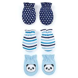 Babyhug 100% Cotton Mittens Panda Printed  & Stripes Pack of 3 - Blue & White