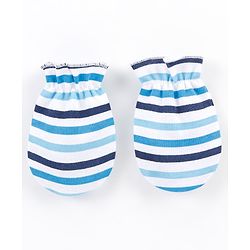 Babyhug 100% Cotton Mittens Panda Printed  & Stripes Pack of 3 - Blue & White
