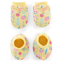 Babyhug 100% Cotton Knit Mittens & Booties Set Floral Print - Yellow