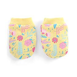Babyhug 100% Cotton Knit Mittens & Booties Set Floral Print - Yellow
