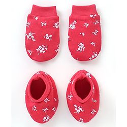 Babyhug 100% Cotton Knit Mittens & Booties Set Floral Print - Red