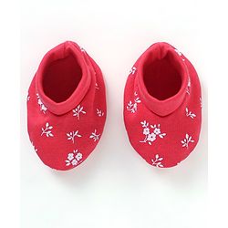 Babyhug 100% Cotton Knit Mittens & Booties Set Floral Print - Red