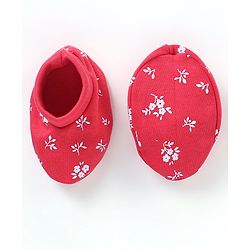 Babyhug 100% Cotton Knit Mittens & Booties Set Floral Print - Red