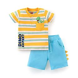 Babyhug 100% Cotton Knit Half Sleeves Striped T-Shirt & Shorts Set with Draw Cord & Dino Applique - Blue & Yellow