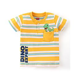 Babyhug 100% Cotton Knit Half Sleeves Striped T-Shirt & Shorts Set with Draw Cord & Dino Applique - Blue & Yellow