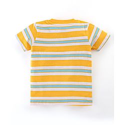Babyhug 100% Cotton Knit Half Sleeves Striped T-Shirt & Shorts Set with Draw Cord & Dino Applique - Blue & Yellow