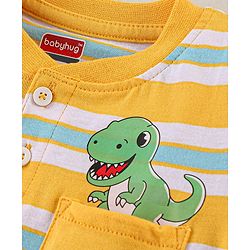 Babyhug 100% Cotton Knit Half Sleeves Striped T-Shirt & Shorts Set with Draw Cord & Dino Applique - Blue & Yellow