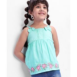 Babyhug 100% Rayon Woven Sleeveless Top with Embroidery and Bow Detailing Floral Print - Green