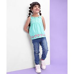 Babyhug 100% Rayon Woven Sleeveless Top with Embroidery and Bow Detailing Floral Print - Green