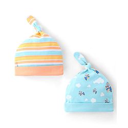 Babyhug 100% Cotton Cap Bear & Stripes Print Pack Of 2- Blue & Orange - Diameter 9 Cm