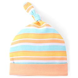 Babyhug 100% Cotton Cap Bear & Stripes Print Pack Of 2- Blue & Orange - Diameter 9 Cm