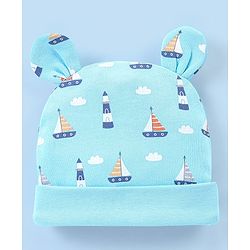 Babyhug 100% Cotton Cap Boat Printed with Ears Applique  - Blue