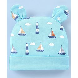 Babyhug 100% Cotton Cap Boat Printed with Ears Applique  - Blue