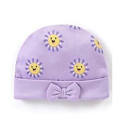 Babyhug 100% Cotton Cap Floral Printed with Bow Applique - Purple