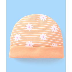 Babyhug 100% Cotton Cap Floral Printed with Bow Applique  Orange - Diameter 9 Cm