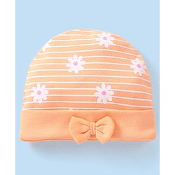 Babyhug 100% Cotton Cap Floral Printed with Bow Applique  Orange - Diameter 9 Cm