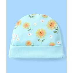 Babyhug 100% Cotton Cap Sun Flower Printed with Bow Applique  Blue - Diameter 9 Cm