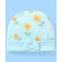 Babyhug 100% Cotton Cap Sun Flower Printed with Bow Applique  Blue - Diameter 9 Cm