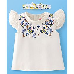 Babyhug 100% Cotton Frill Sleeves Tee With With Headband & Butterfly Graphics- Off White