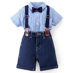 Babyhug Cotton Woven Half Sleeves Striped Party Wear Shirt & Denim Shorts Set with Bow Tie & Suspenders - Blue