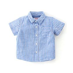 Babyhug Cotton Woven Half Sleeves Striped Party Wear Shirt & Denim Shorts Set with Bow Tie & Suspenders - Blue