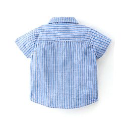 Babyhug Cotton Woven Half Sleeves Striped Party Wear Shirt & Denim Shorts Set with Bow Tie & Suspenders - Blue