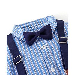 Babyhug Cotton Woven Half Sleeves Striped Party Wear Shirt & Denim Shorts Set with Bow Tie & Suspenders - Blue