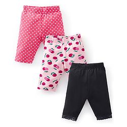 Babyhug Cotton Knit Three Fourth Leggings Polka Dots & Cherry Print Pack of 3 - Pink & Black